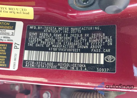 2015 Toyota Camry Xle from USA, damaged, VIN 4T1BF1FK5FU970221